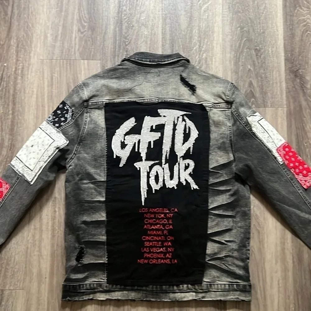 Giftd Tour Black and Red Jean Jacket Bandana Handmade Distressed Denim Large